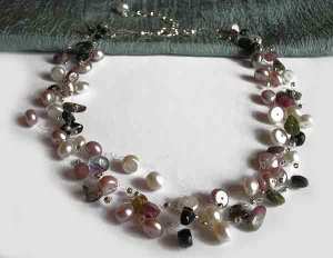 Tourmaline w/ Pearls 17-19`` Crochet Necklace on clear strings